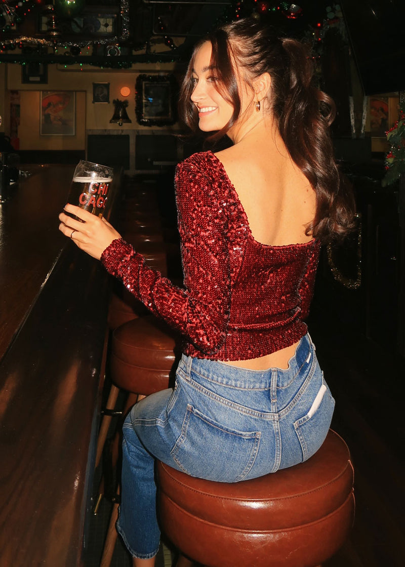 Sangria Boat Neck Sequin Top - Wine