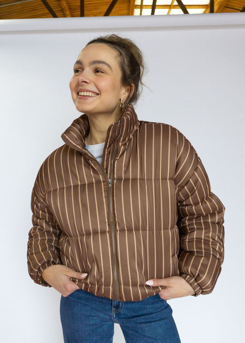 Coco Striped High Neck Puffer Jacket - Brown