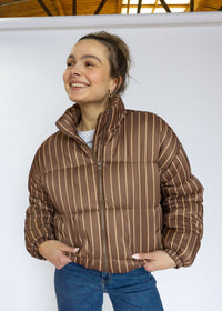 Coco Striped High Neck Puffer Jacket - Brown
