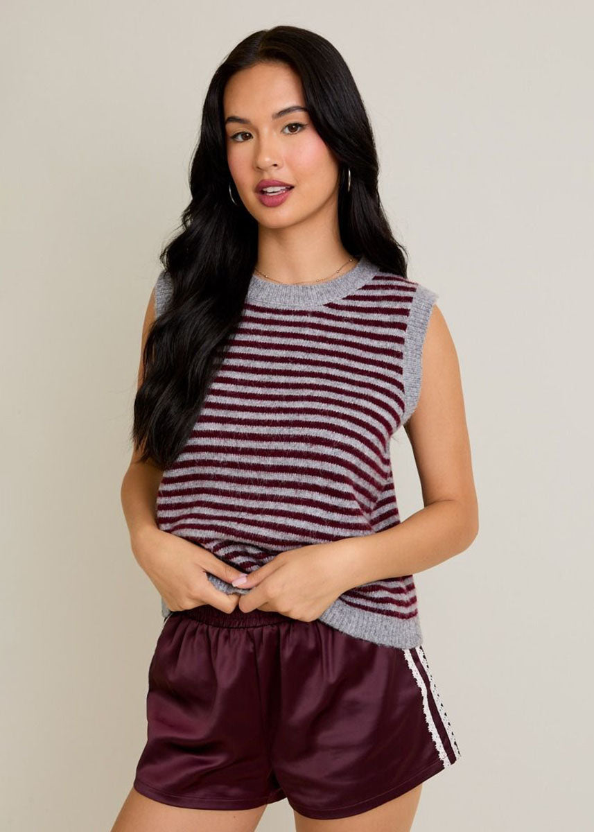 Melie Stripe Sweater Vest - Heather Grey & Wine