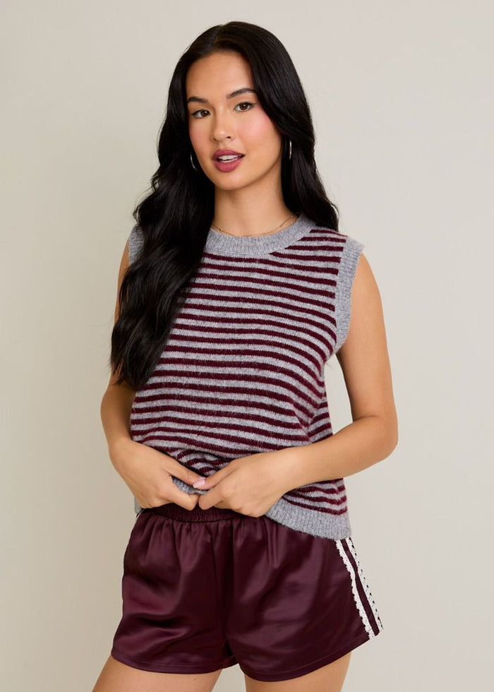 Melie Stripe Sweater Vest - Heather Grey & Wine