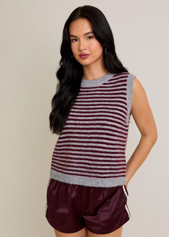 Melie Stripe Sweater Vest - Heather Grey & Wine