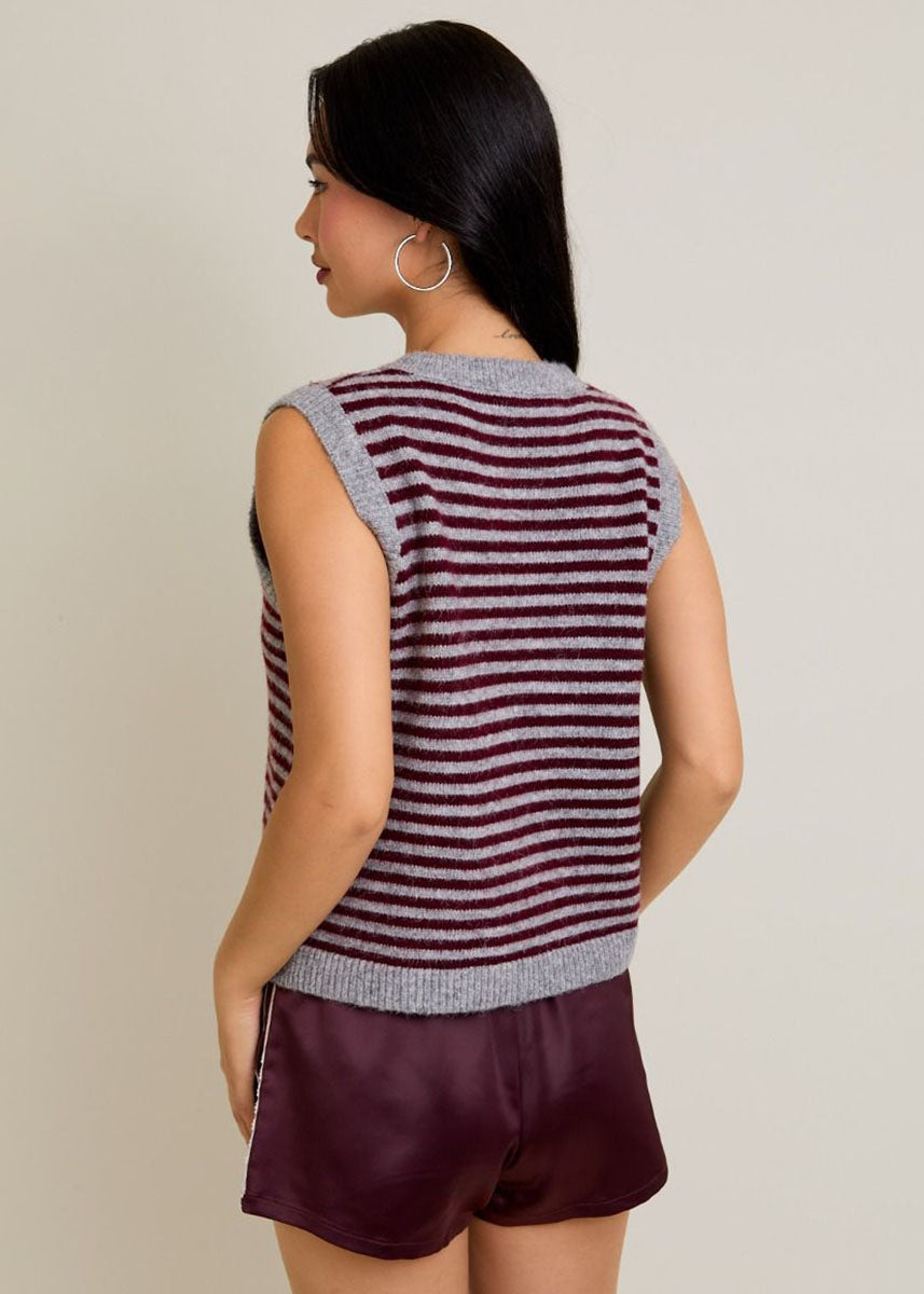 Melie Stripe Sweater Vest - Heather Grey & Wine