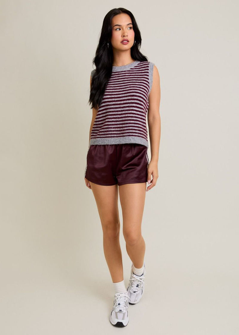 Melie Stripe Sweater Vest - Heather Grey & Wine