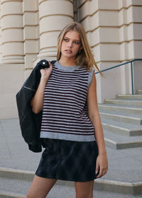 Melie Stripe Sweater Vest - Heather Grey & Wine