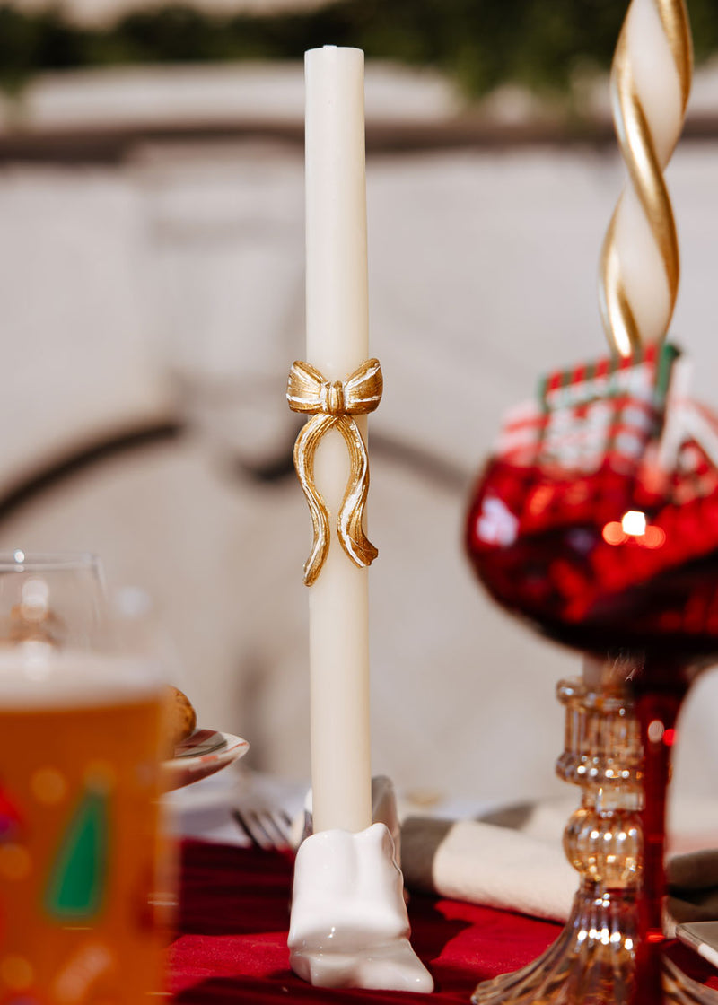 Gold Stripy Bow Table Candles (Set of 2)