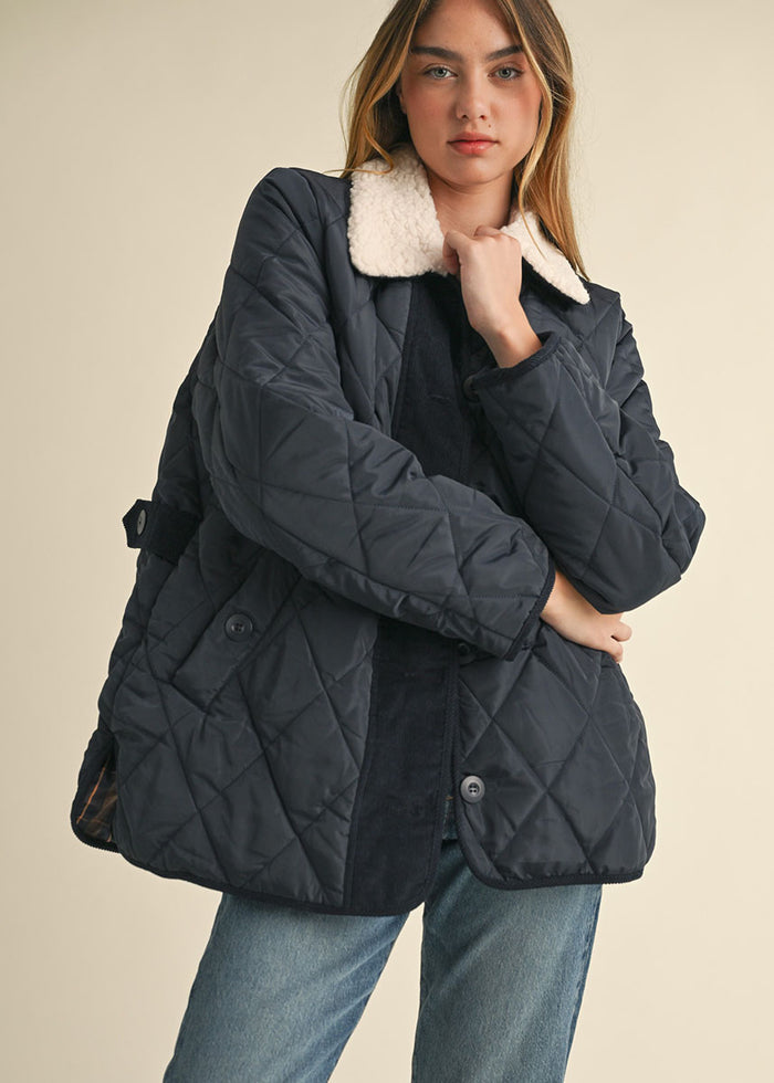 Quincy Shearling Collar Quilted Jacket - Navy