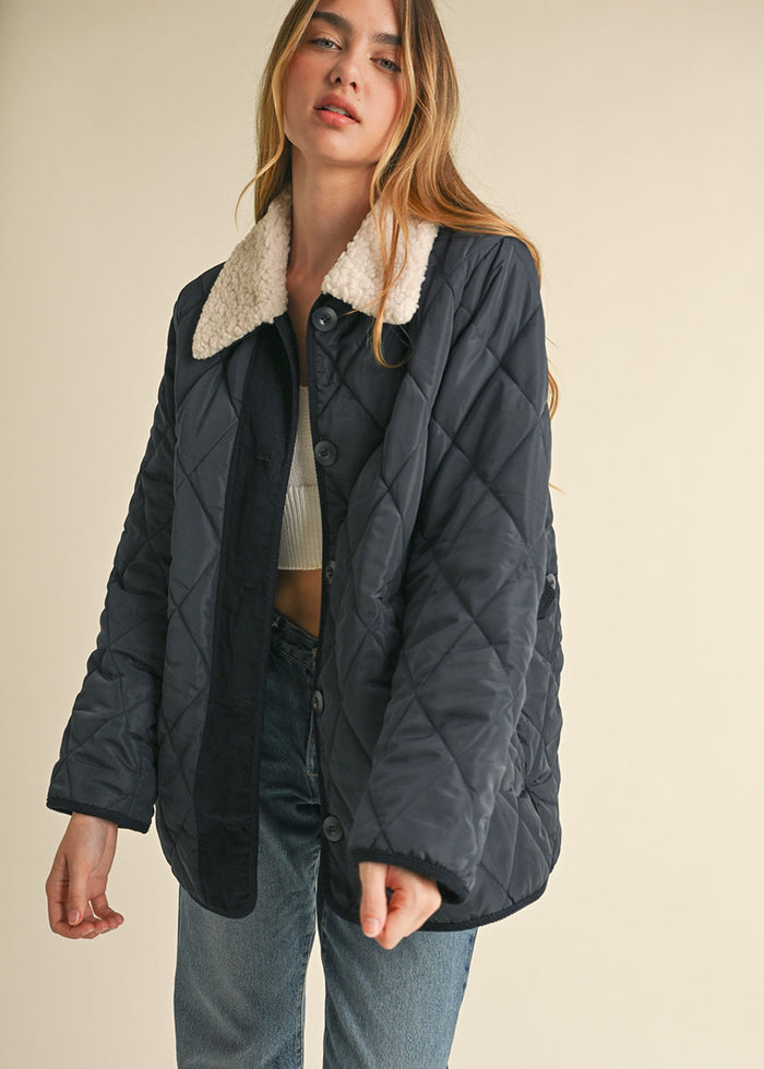 Quincy Shearling Collar Quilted Jacket - Navy