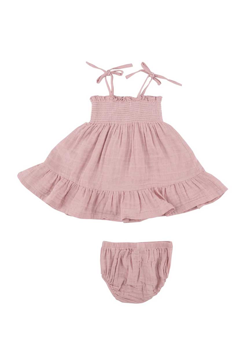Tie Strap Smocked Sundress & Bloomers - Dusty Pink Solid Muslin