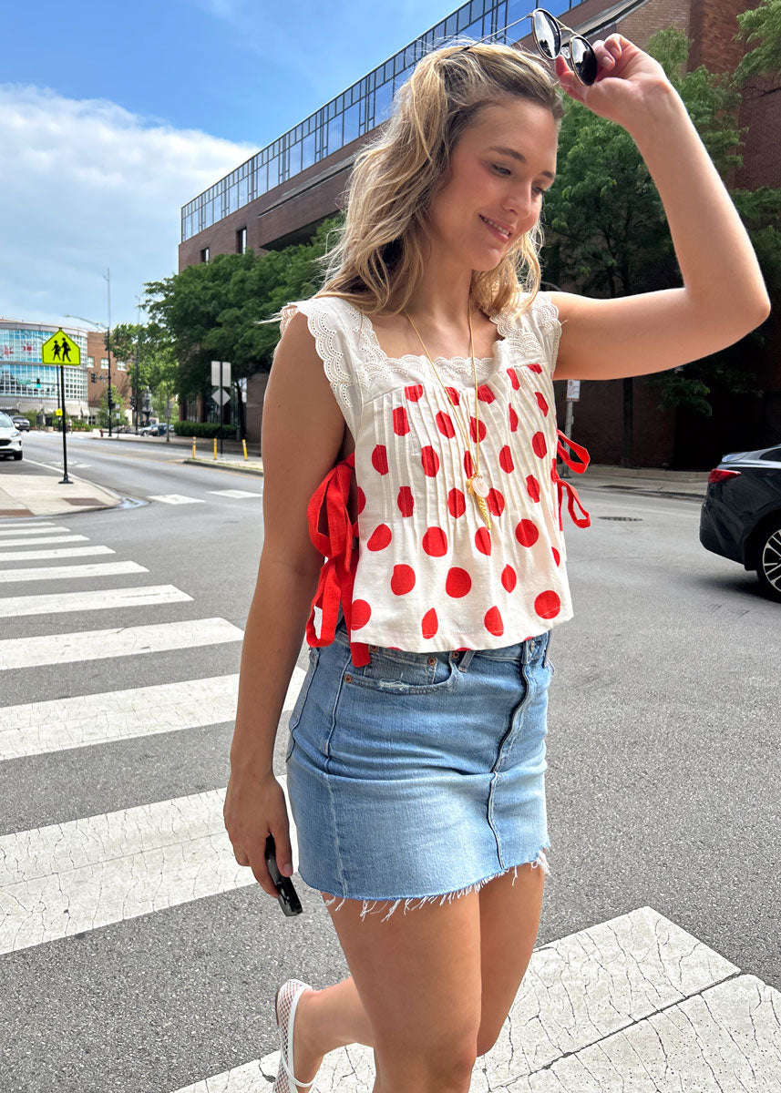 Fern Polka Dot Lace Tie Crop Top - Poppy Red