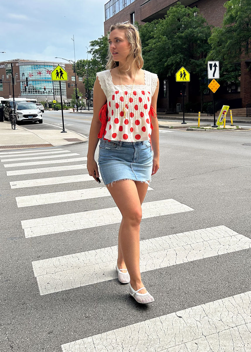 Fern Polka Dot Lace Tie Crop Top - Poppy Red