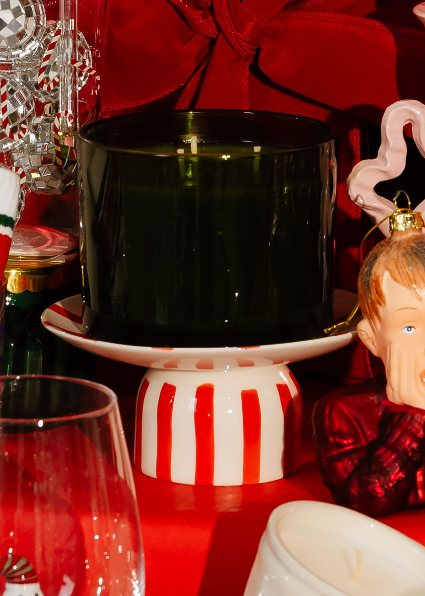 Painted Stripes Stoneware Pedestal - Red