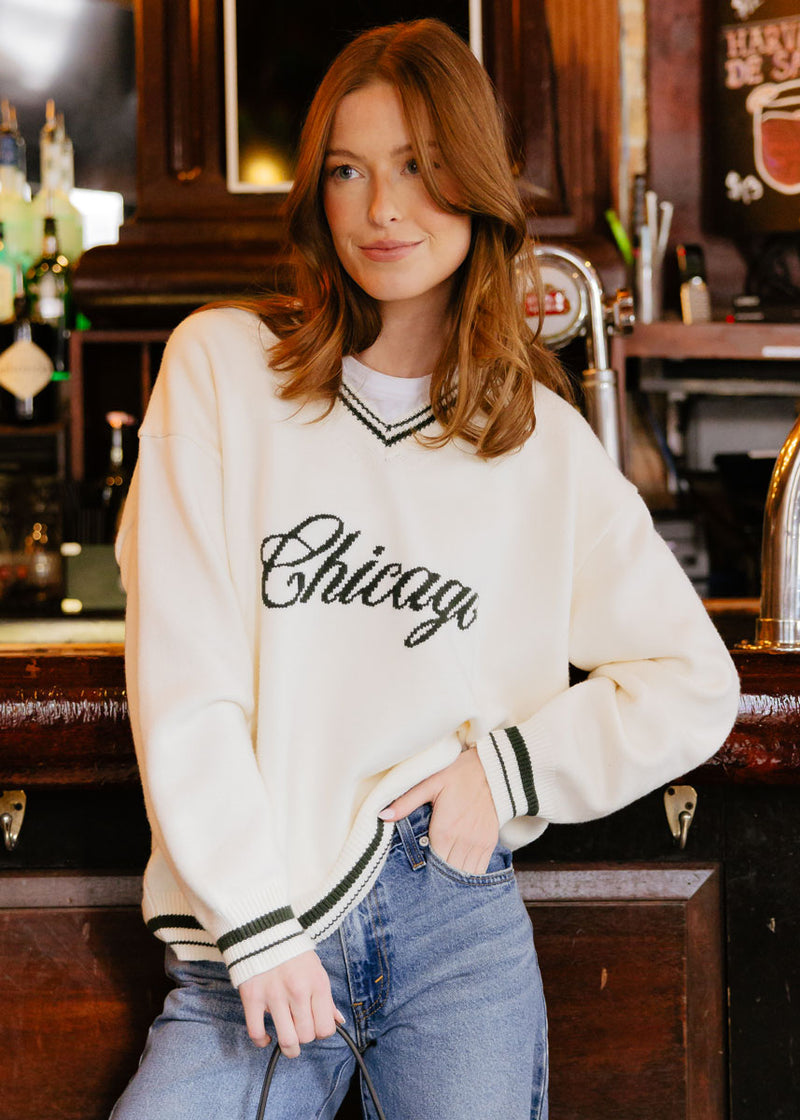 Chicago Collegiate V-Neck Sweater - Cream & Green