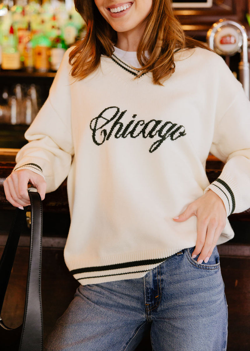 Chicago Collegiate V-Neck Sweater - Cream & Green