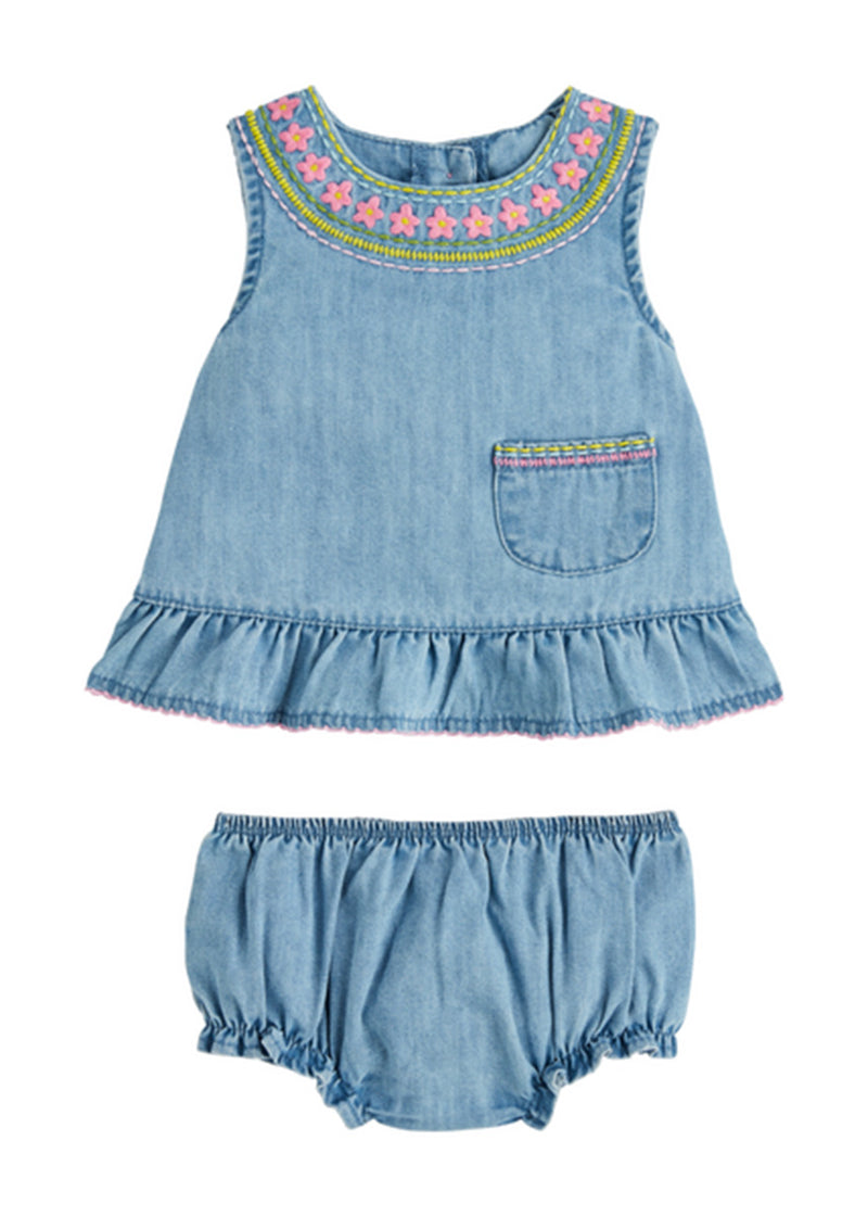 Embroidered Denim Pinafore Set