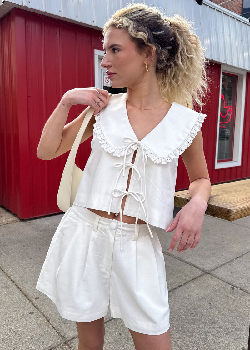 Belle Linen Peterpan Collar Top & Shorts Set - Off-White