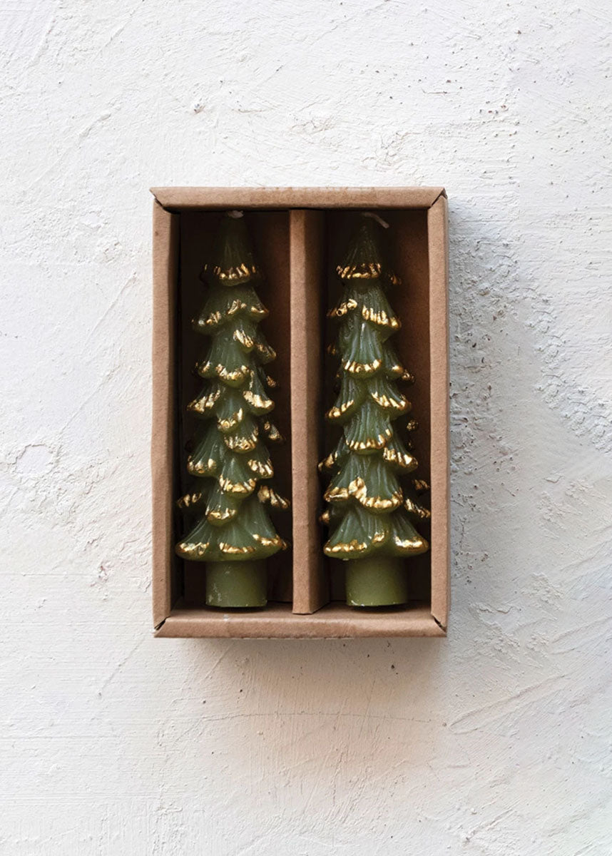 Short Tree Shaped Gold-Tipped Taper Candles - Green