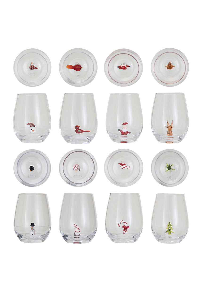 Stemless Holiday Figurine Wine Glasses